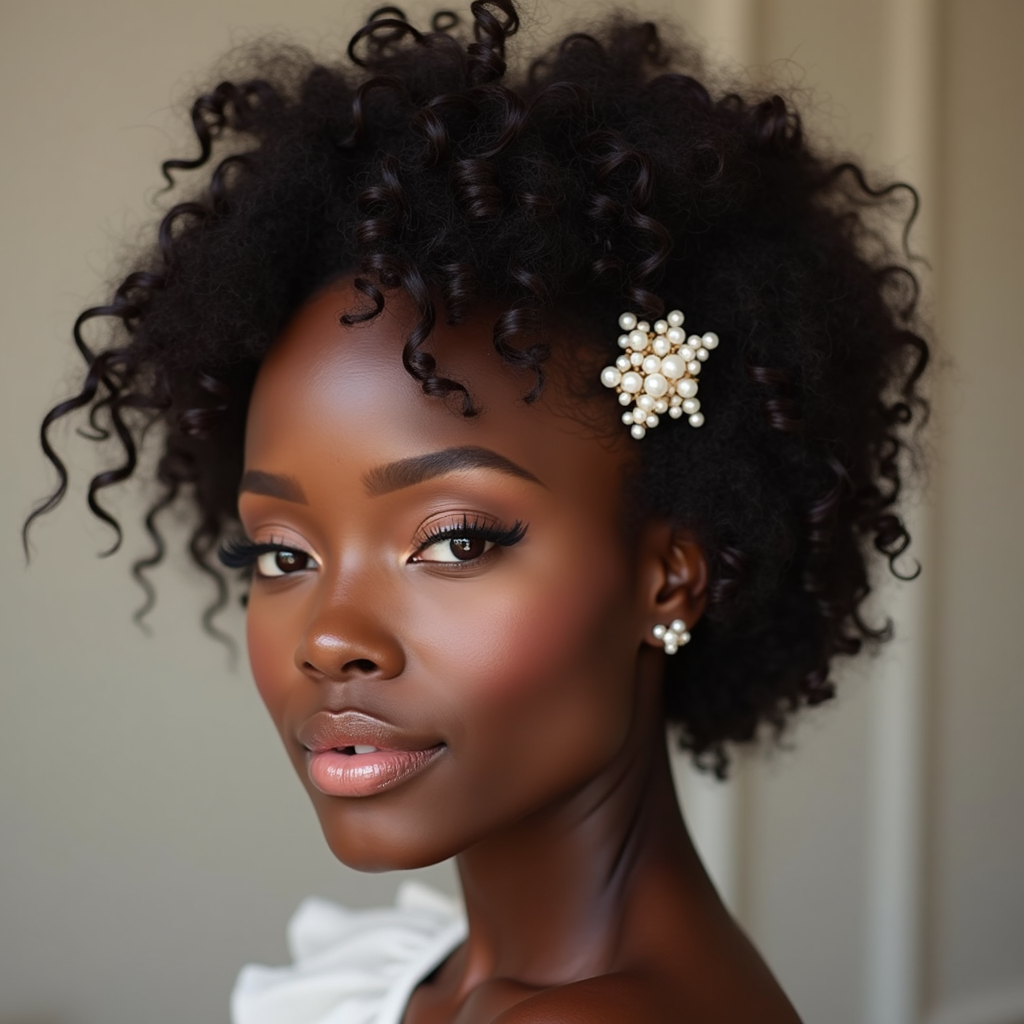 Rococo-inspired hair and makeup look with soft curls, pearl clip and natural glowing beauty