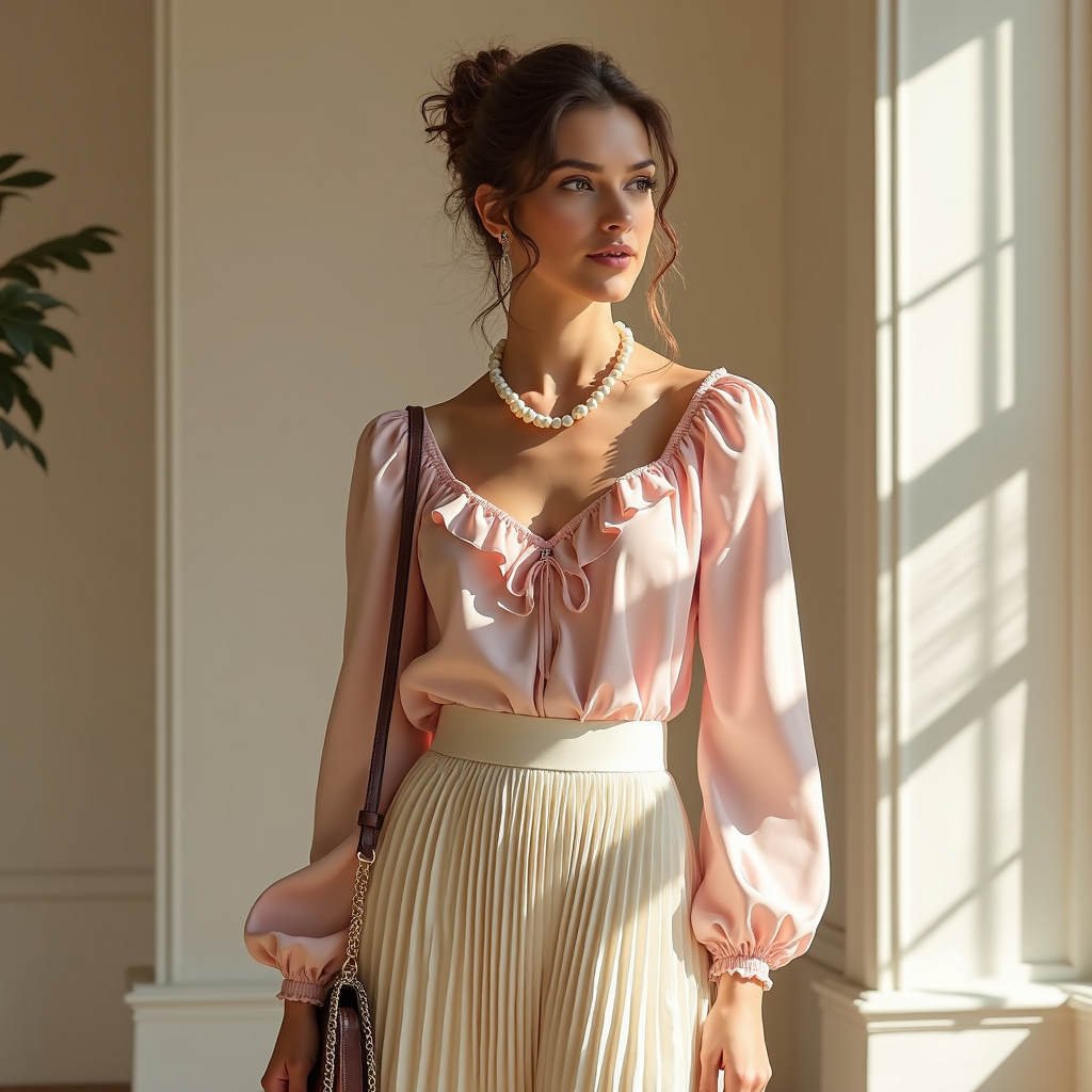Modern woman wearing Rococo-inspired outfit with pink silk blouse and cream pleated skirt for 2025 fashion