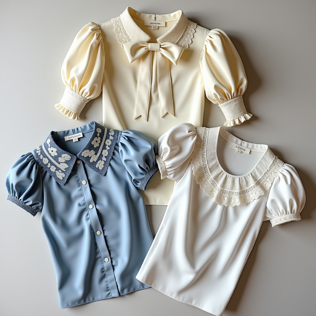 Collection of Rococo-inspired blouses with bow details, puffy sleeves and lace trim for women's fashion 2025