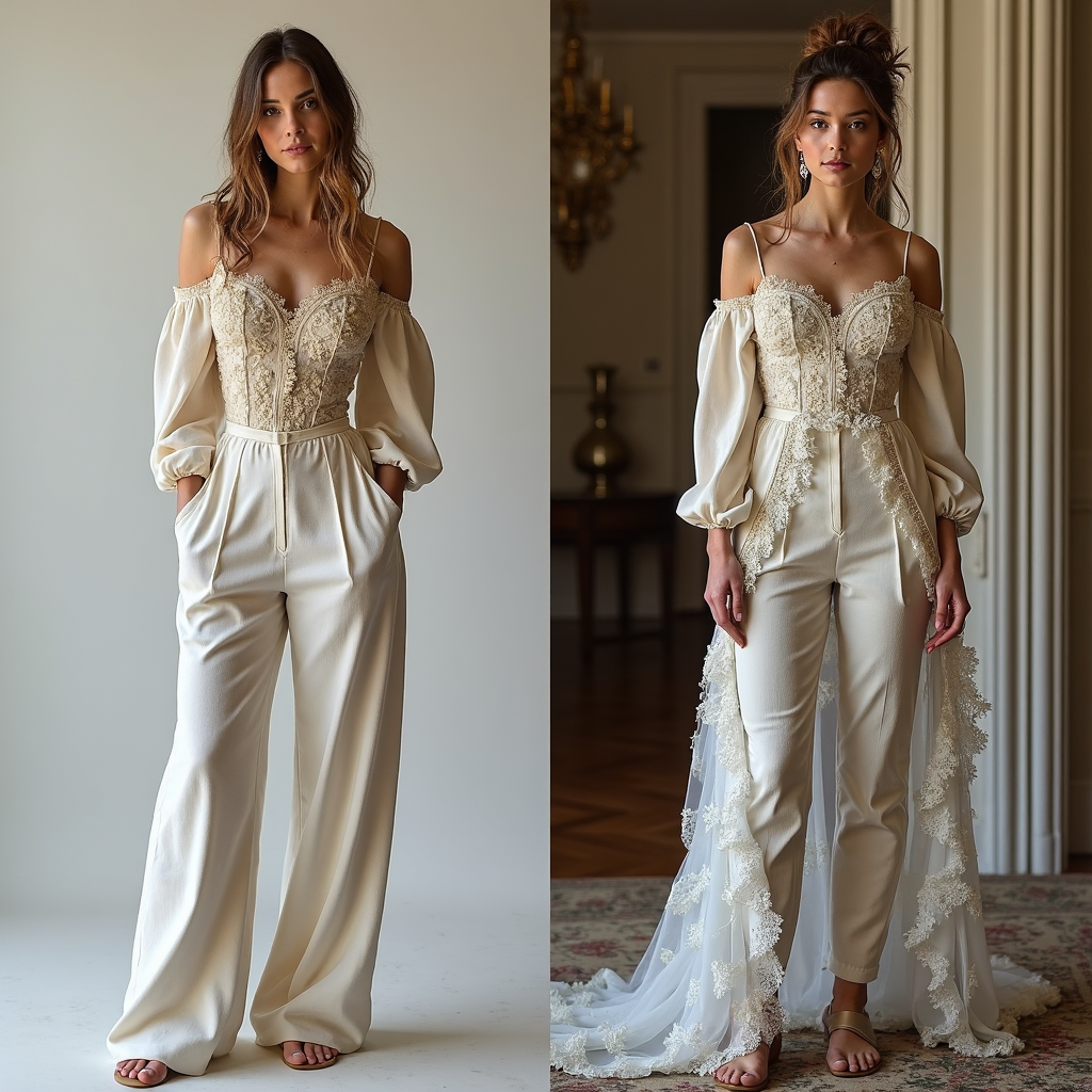 Fashion transformation showing how to style basic pieces with Rococo-inspired elements for elegant look