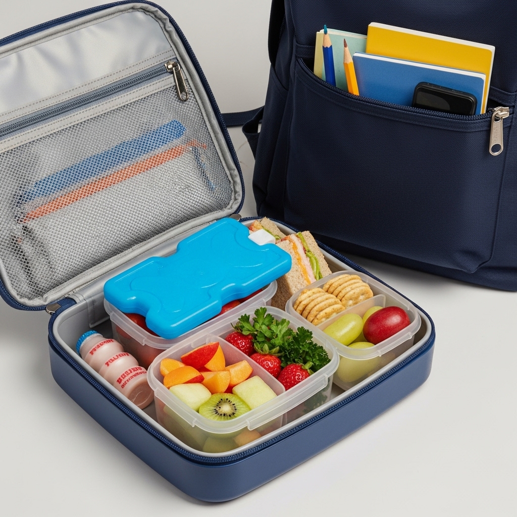 Safe school lunch packing with ice pack and leak-proof containers.