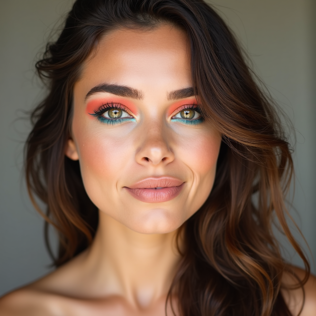 Wearable everyday colorful eye makeup look with coral eyeshadow and teal eyeliner suitable for daily wear