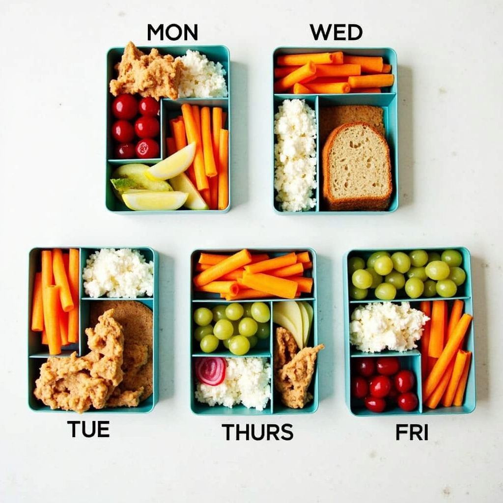 Weekly school lunch plan with five varied kids’ lunches labeled Monday to Friday.