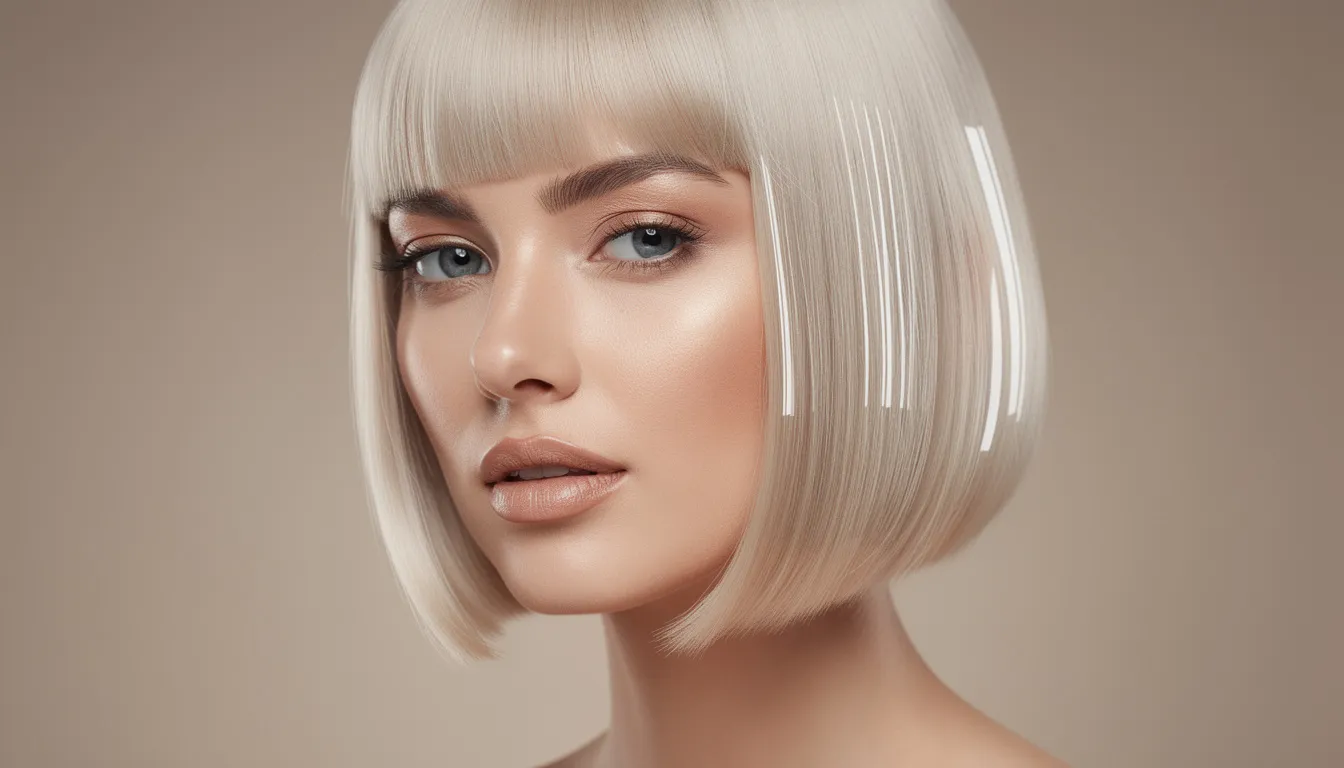 The image features a woman with a sleek platinum blonde bob hairstyle that has a glass-like finish, showcasing a modern and polished look. The vibrant blonde hue reflects light beautifully, emphasizing the hair's smooth texture and elegance.