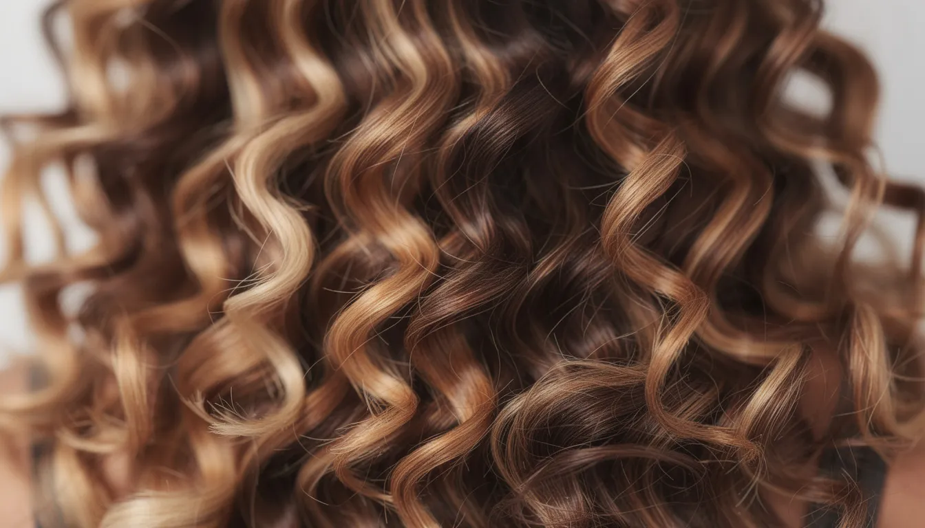 A close-up view showcases a head of curly hair featuring honey and caramel blonde highlights, creating a rich dimensional effect. The blend of warm tones adds vibrancy, enhancing the natural hair color with a beautiful, sun-kissed appearance.