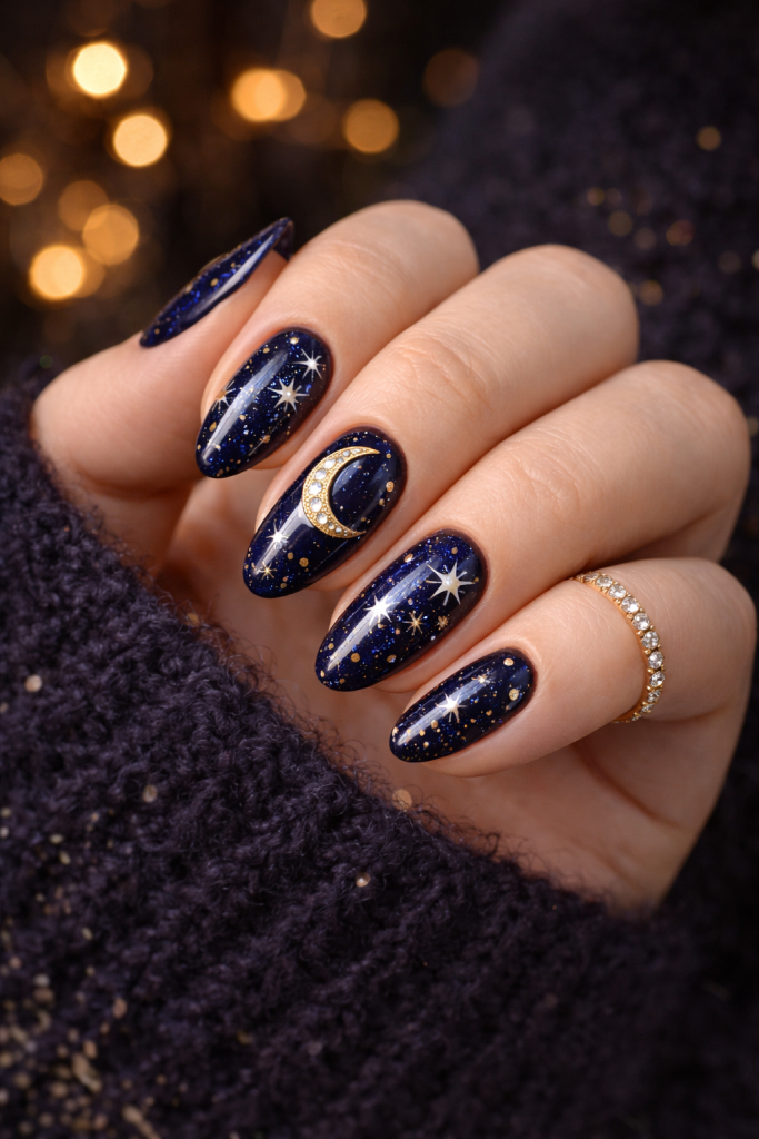 Celestial navy blue nails with gold moon and star accents