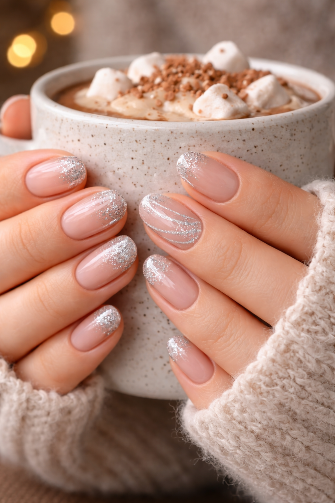 Hands holding hot chocolate, showing nude nails with silver glitter ombre and swirl designs.