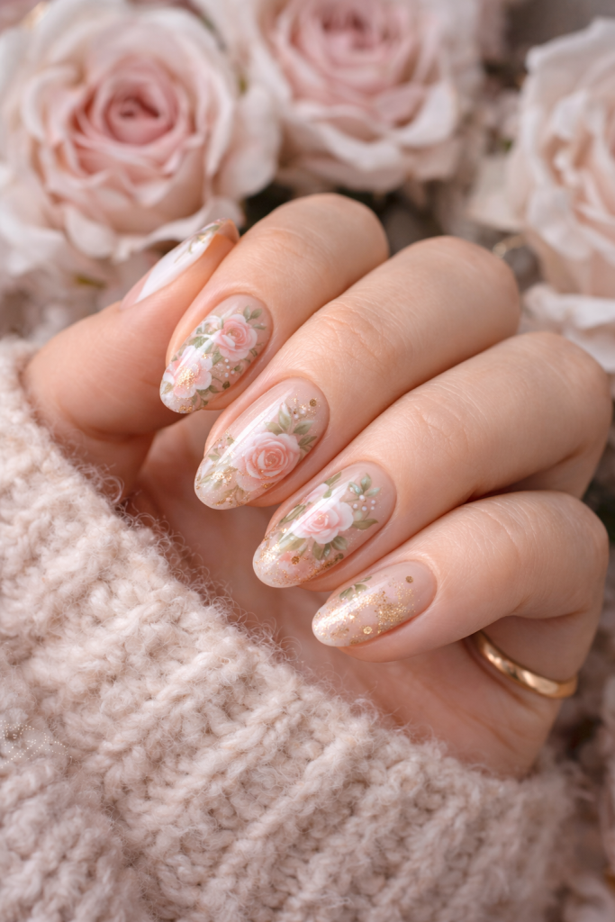 Close-up of a hand with nude nails featuring delicate pink rose and gold glitter art.