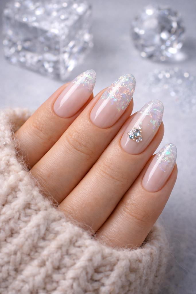 Nude iridescent glitter nails with rhinestones on almond shape, winter holiday fashion.