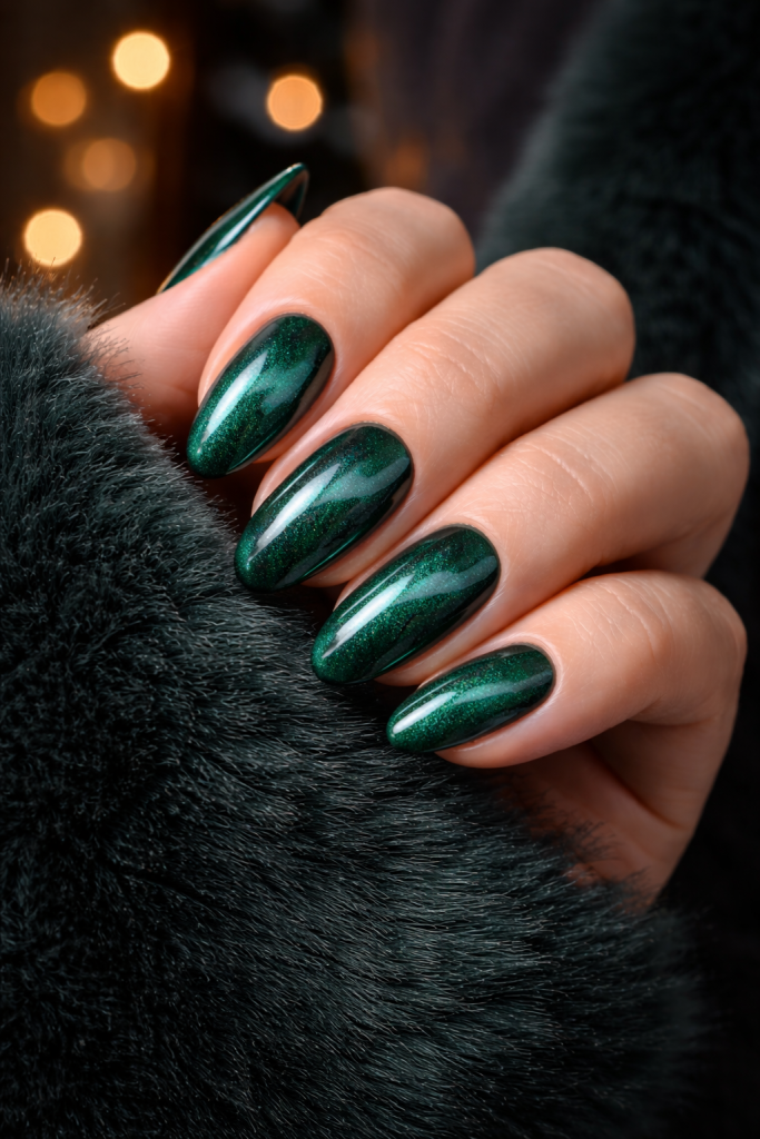 Emerald velvet cat-eye nails with a fur cuff and bokeh background.