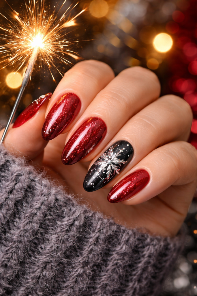 Festive red glitter nails with a black snowflake accent and sparkler.
