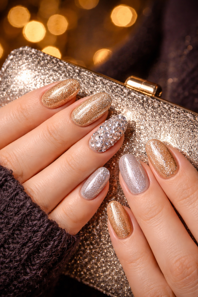 Glittering gold and silver nails with rhinestone accent on a matching clutch.