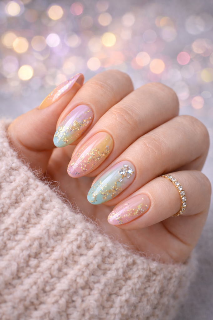 Pastel ombre nails with gold accents and rhinestones