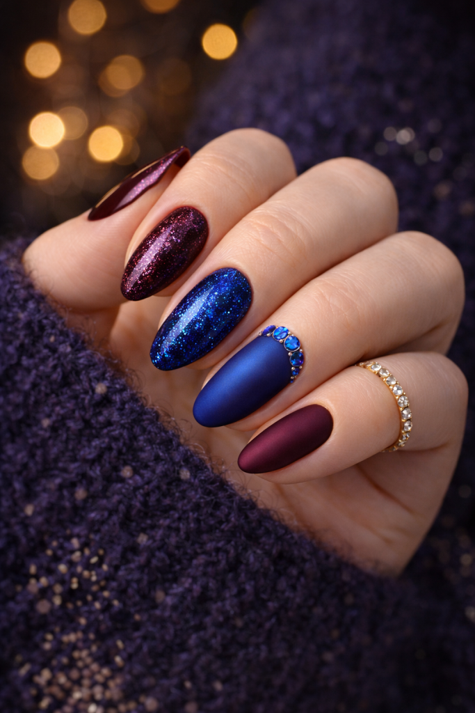 Close up of manicured hand with jewel-toned winter nail design and ring.