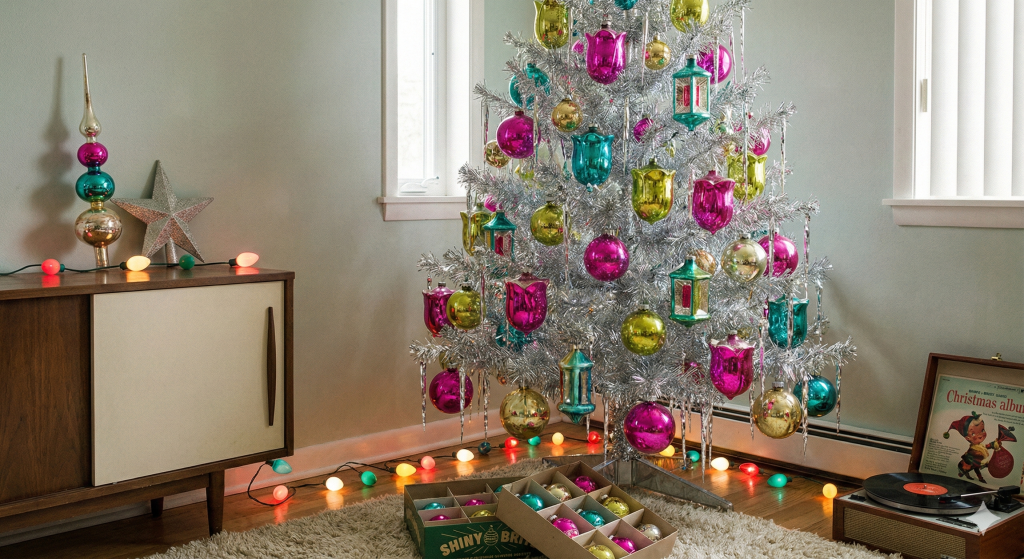 Aluminum Christmas tree with colorful vintage ornaments in a mid-century apartment, featuring pink, teal, gold and purple baubles, string lights on the floor, a retro sideboard with a star decoration, and a vinyl album on a small record player.