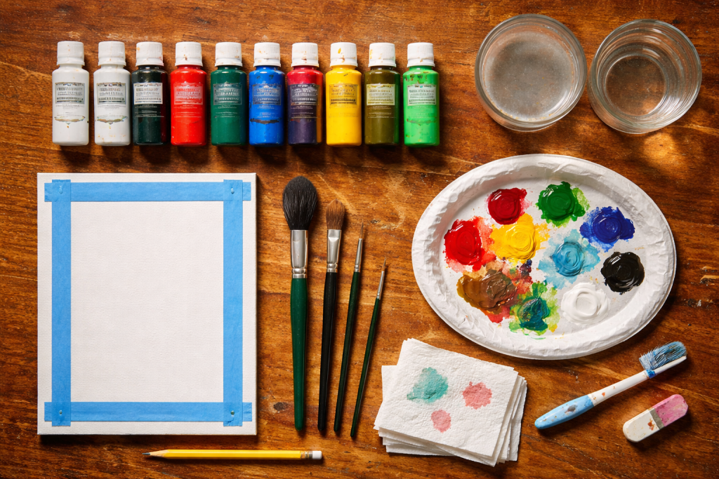 Flatlay of beginner acrylic painting supplies for Christmas on wood.