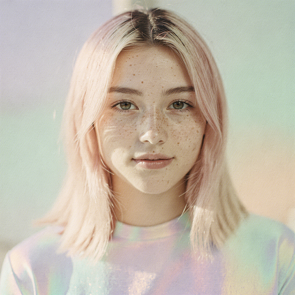 Young woman with blush blonde straight hair and freckles