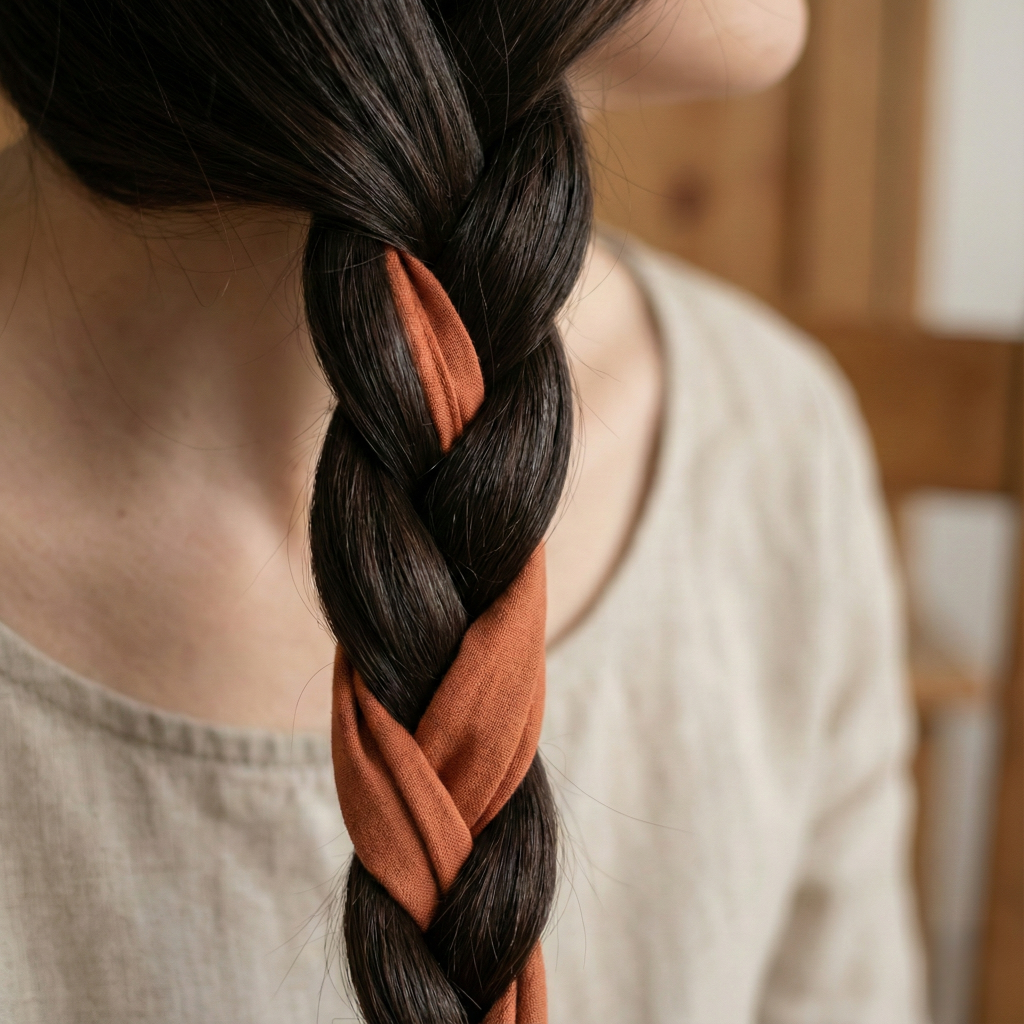 Braided dark hair with orange scarf