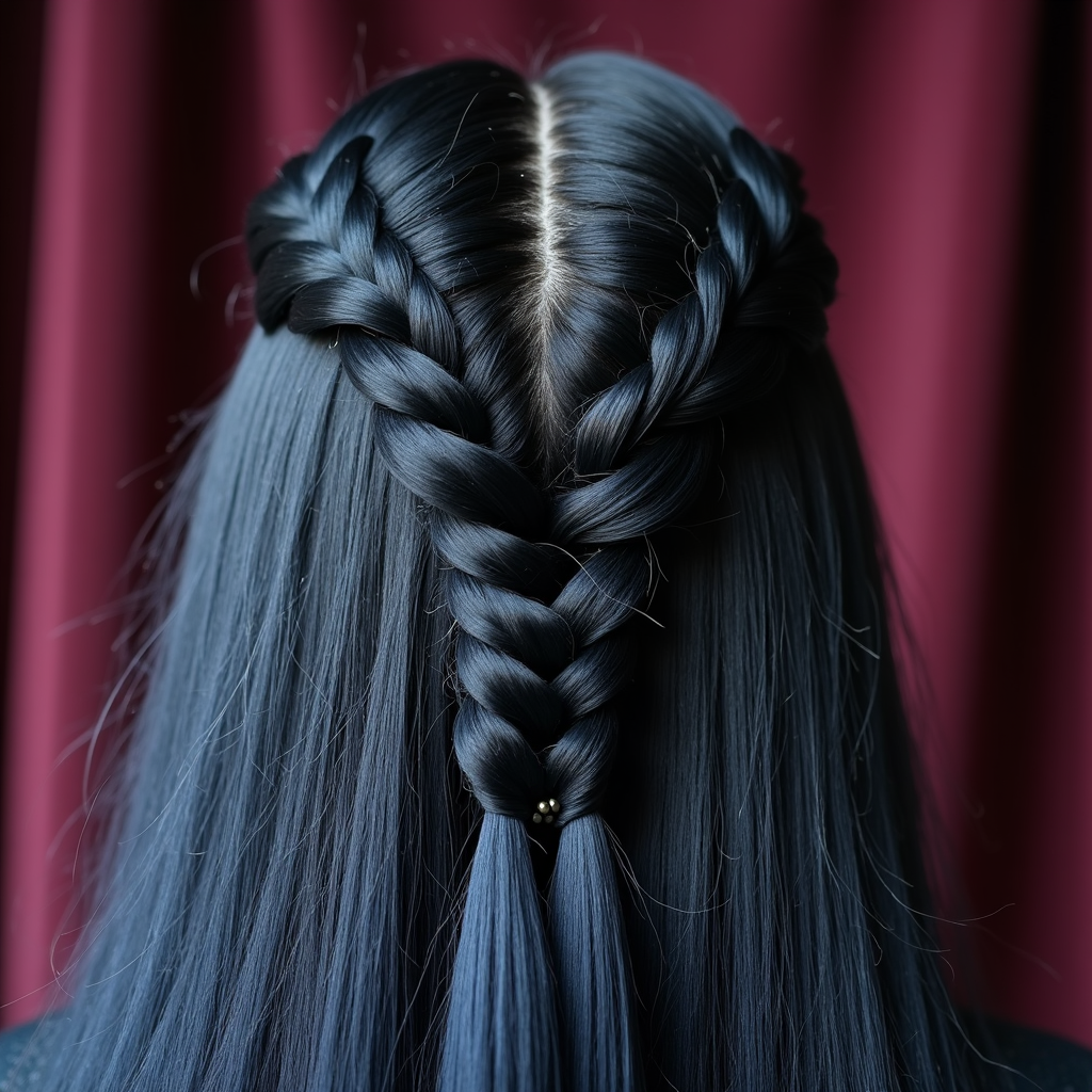 Intricate French braid hairstyle in dark blue-black hair against a burgundy background, with loose straight sections falling below the braid