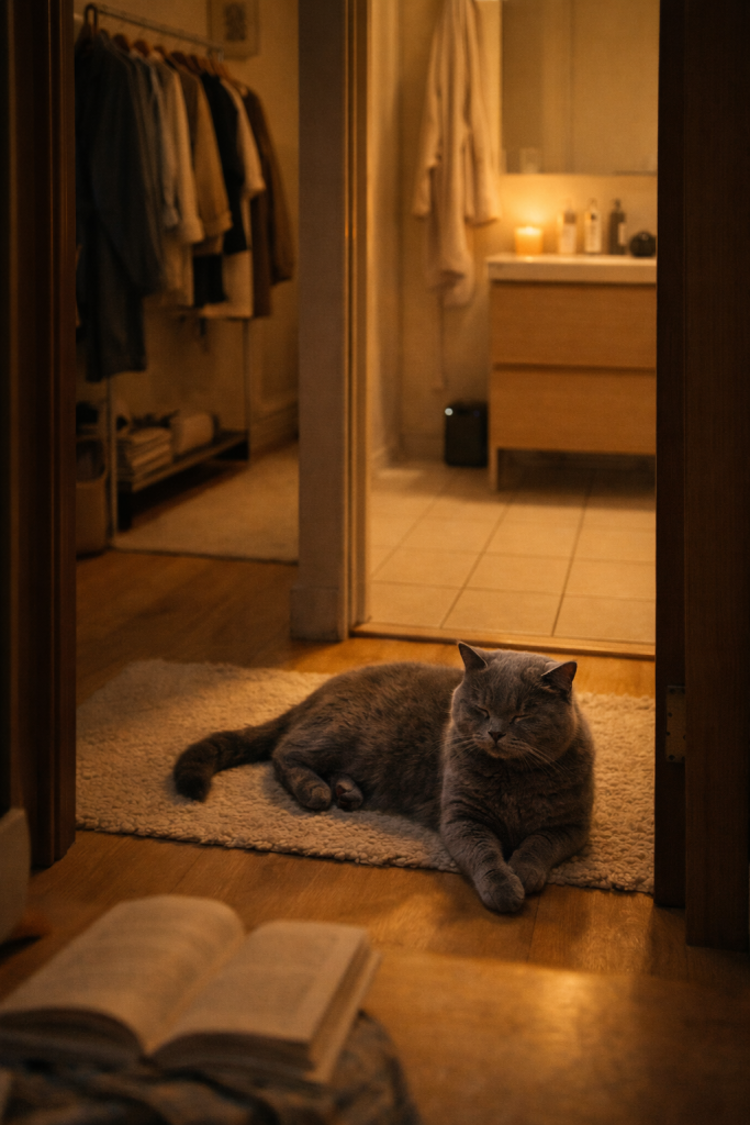 British Shorthair cat resting on a rug at a bathroom threshold.