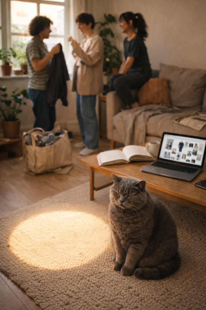 British Shorthair cat sitting calmly in a sunbeam during a chaotic room, people talking