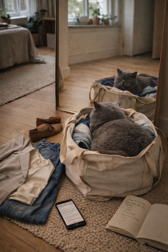 British Shorthair in a laundry bag, next to shoes, clothes, phone, and notebook.