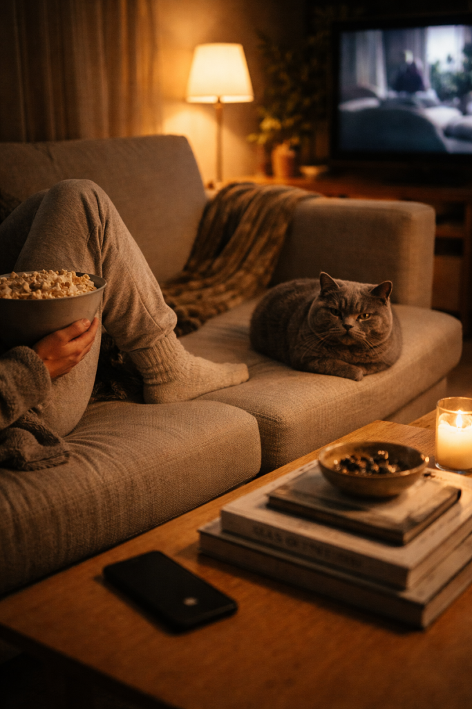 Grey British Shorthair cat on a sofa with a person eating popcorn during a cozy movie night.