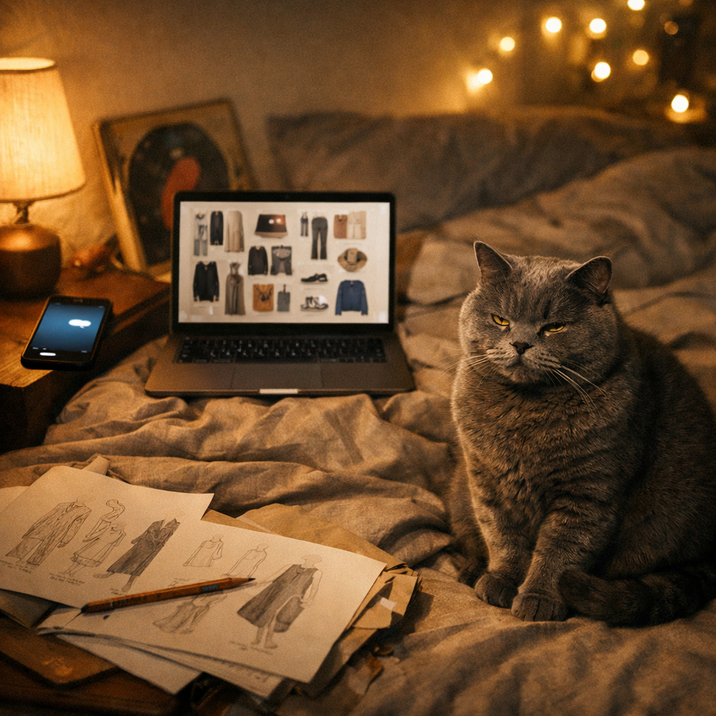 Grumpy British Shorthair cat on bed with laptop, fashion sketches, and warm lighting.