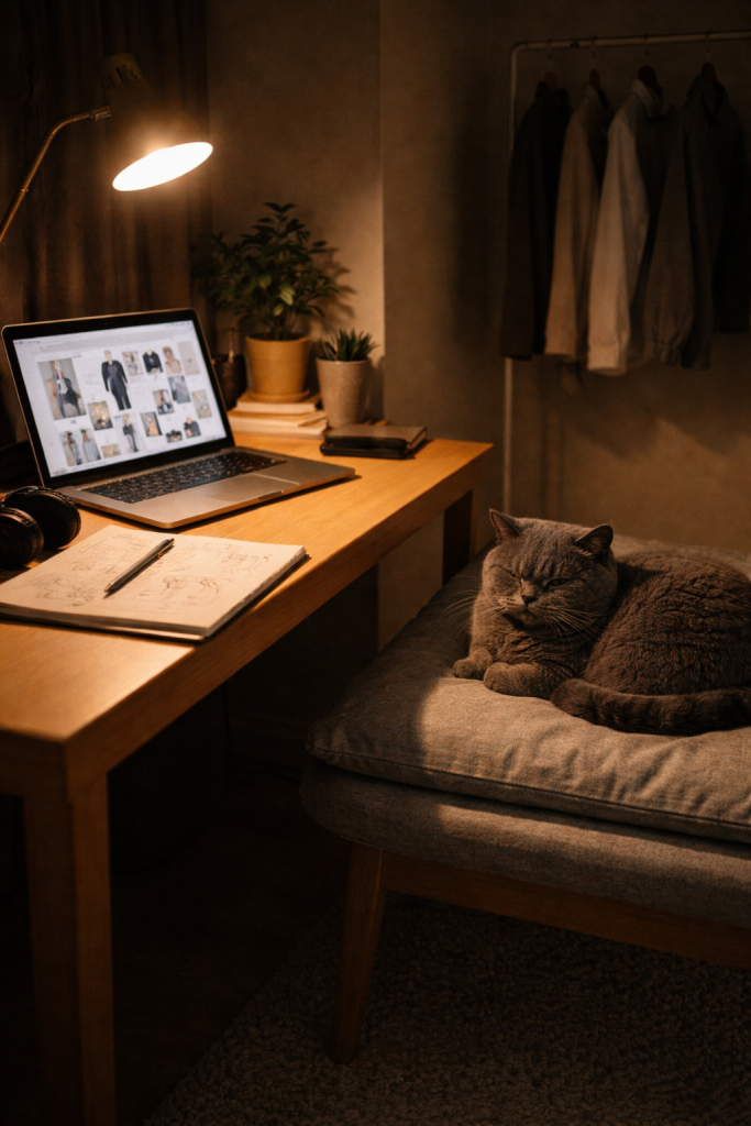 British Shorthair cat resting beside a desk with a laptop and lamp during late-night work.