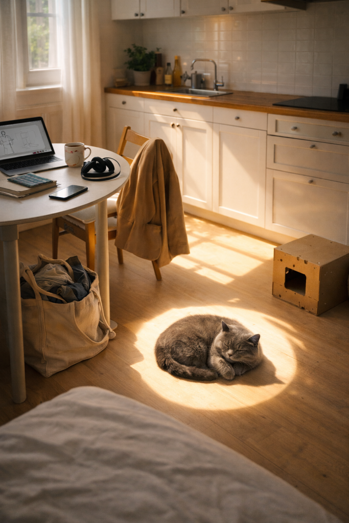 British Shorthair cat napping in kitchen sunbeam on weekend.