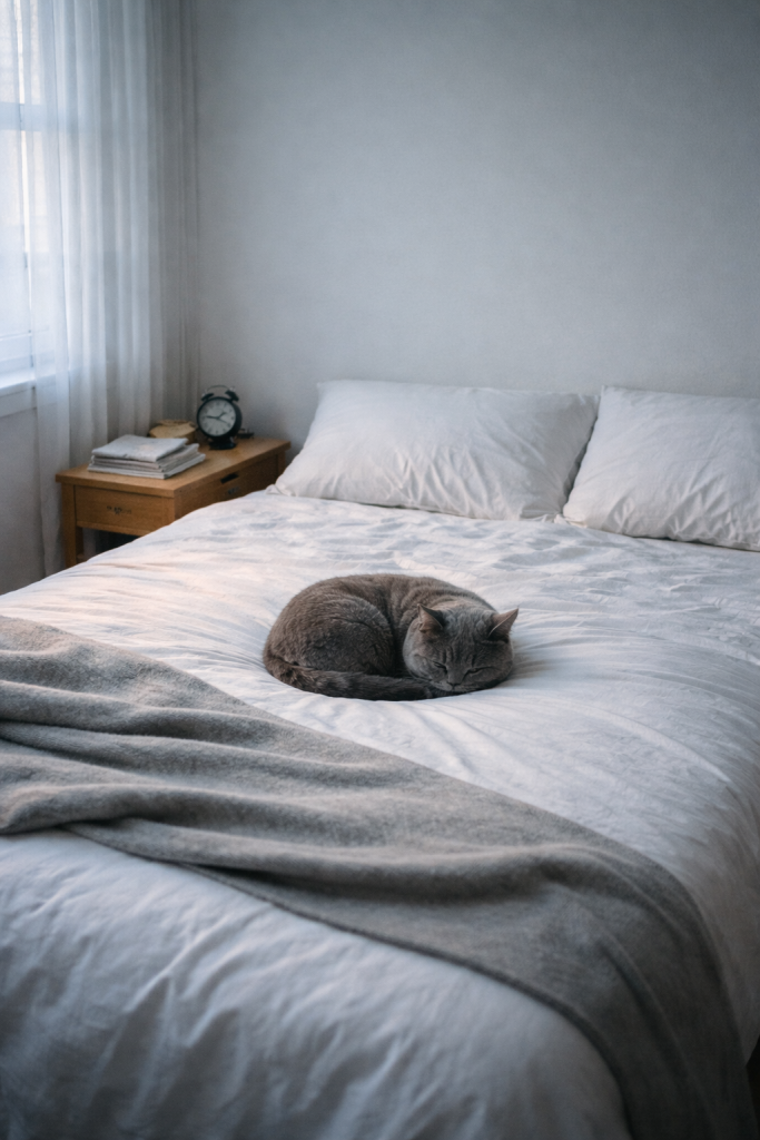 British Shorthair cat curled up sleeping on a cozy white bed, showcasing morning zen and loyalty.