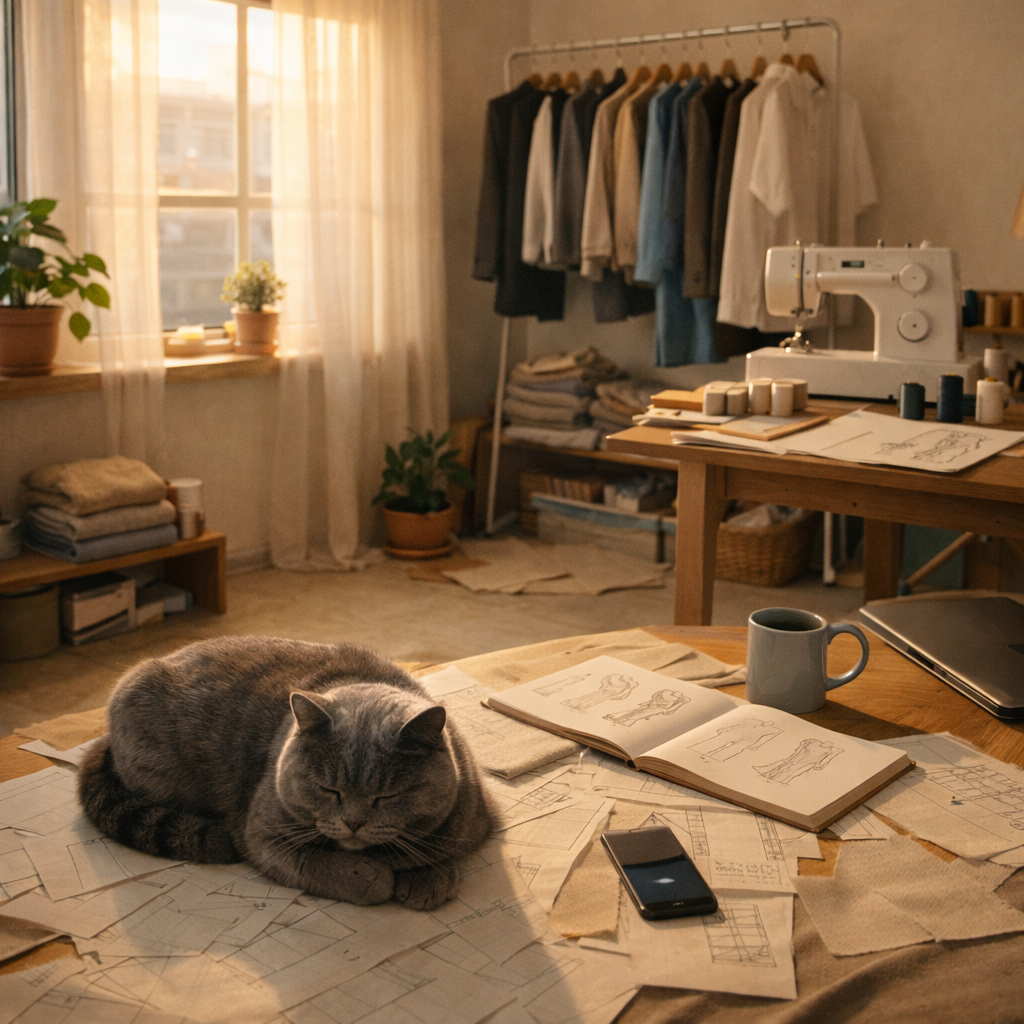 British Shorthair cat napping on fashion design patterns in slow fashion studio