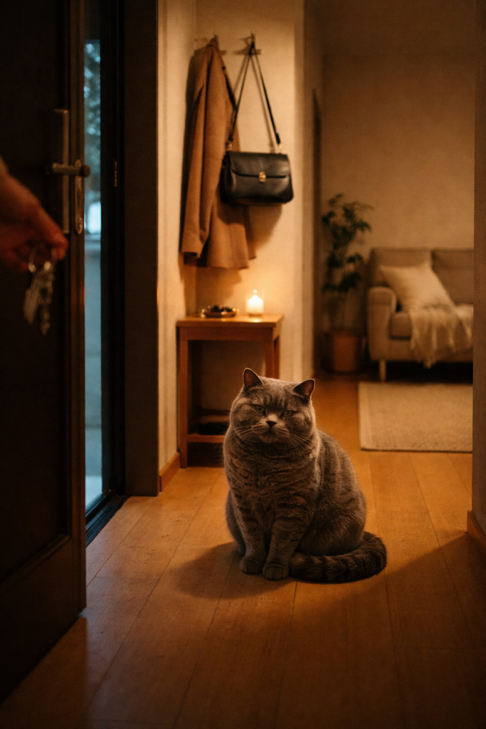 British Shorthair cat in an entryway, a person's hand holding keys opening a door, coat hook rack with a coat and a purse, side table, candle, couch and plant in the background.