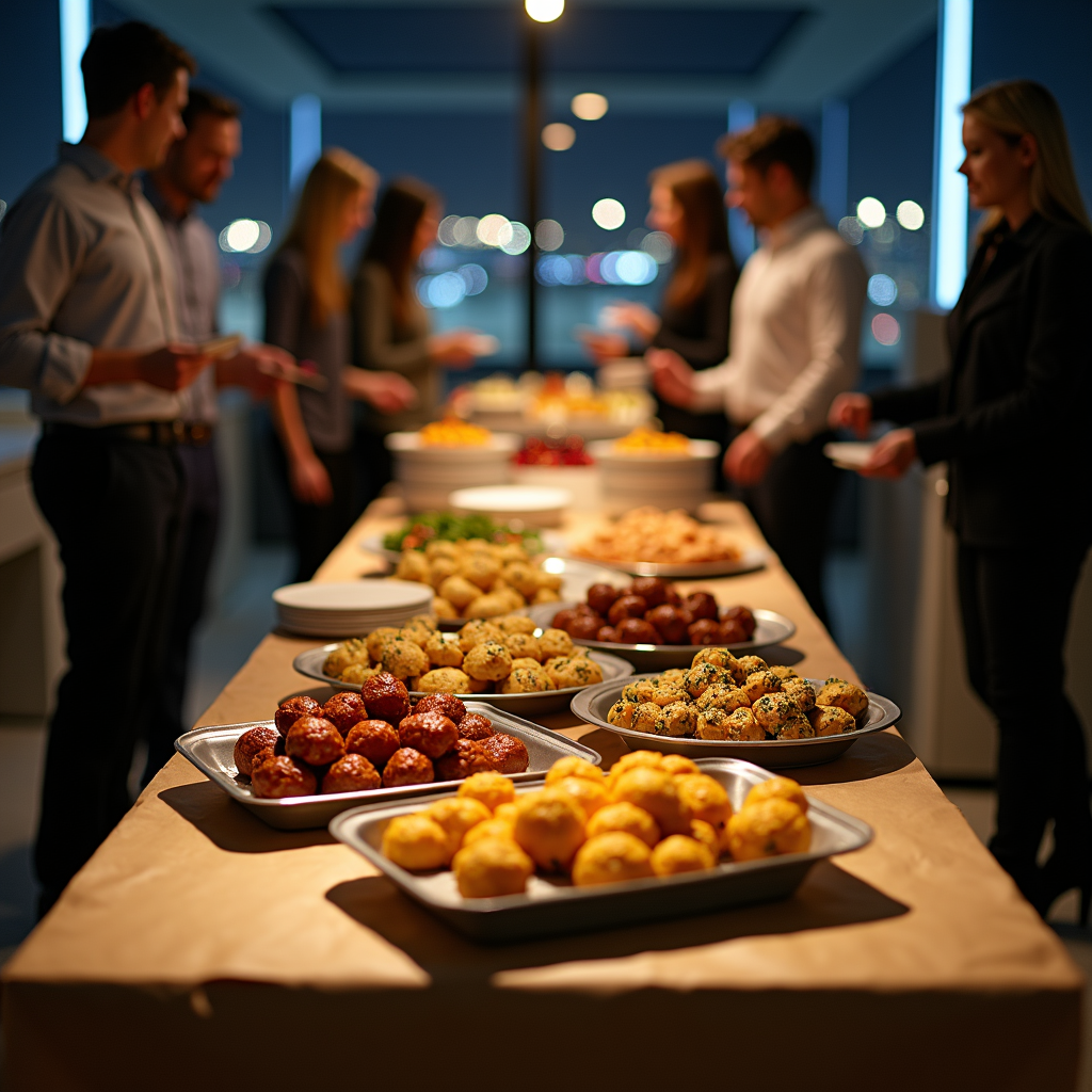 Business professionals gather around a buffet table with various appetizers and finger foods at an evening office event, with city lights visible through windows in the background.