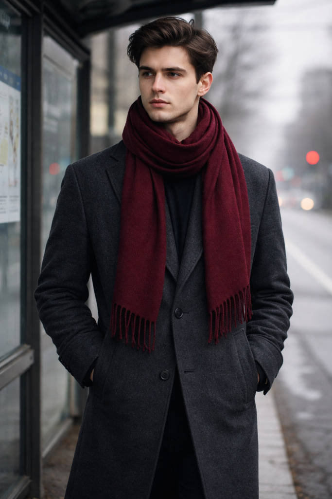 Man in burgundy scarf and charcoal coat, winter style.
