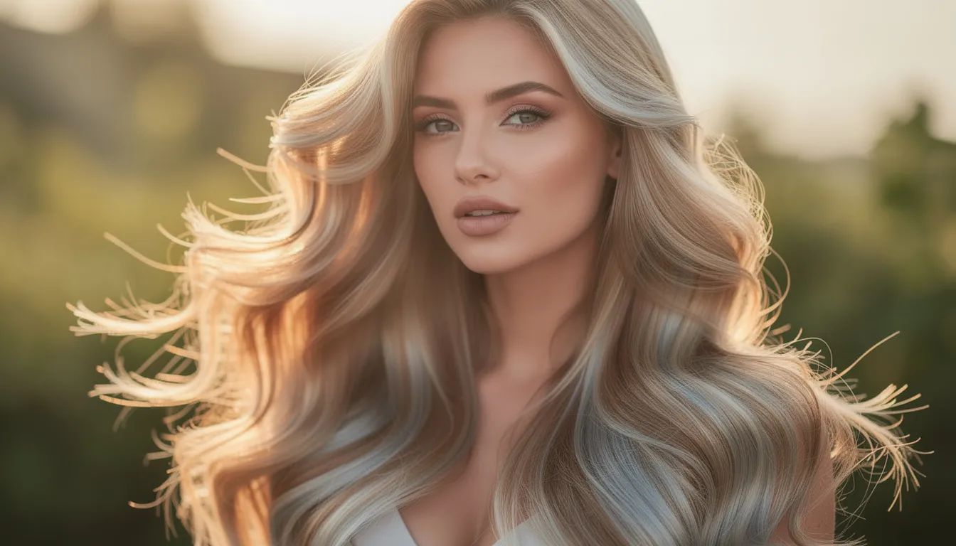 A woman with dimensional blonde hair, featuring a harmonious blend of warm honey and cooler ash tones, stands in natural sunlight, showcasing the shimmering highlights and soft blonde hues. Her hair flows effortlessly, reflecting the beauty of various blonde shades, including light ash and platinum blonde, perfectly complementing her skin tone.