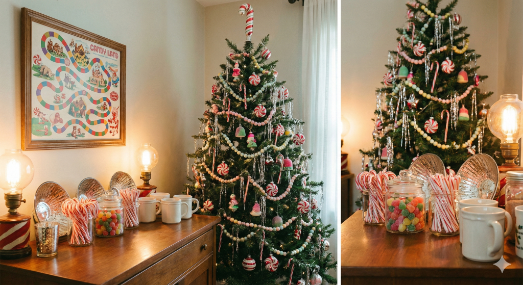 Vintage candy shop Christmas tree decorated with peppermint swirls, candy canes, and bead garlands, beside a cocoa bar with mugs and jars of colorful candies on a wooden sideboard.