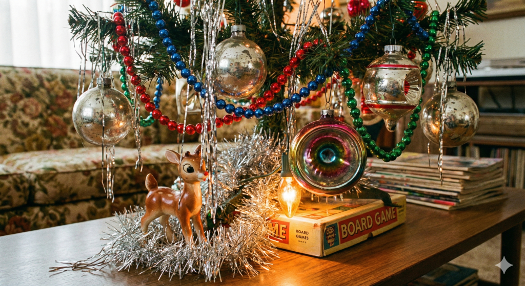 Child's-eye view of a vintage Christmas tree decorated with silver baubles, colorful bead garlands, and tinsel; a small deer figurine sits among the silver tinsel near a boxed board game on a wooden table.