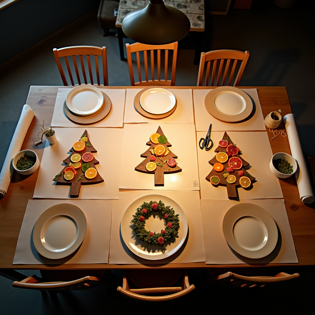 Dining table set with six white plates and decorated with three wooden Christmas tree cutouts adorned with citrus slices. A holiday wreath is centered on the table, and wooden chairs frame the scene under a pendant lamp.