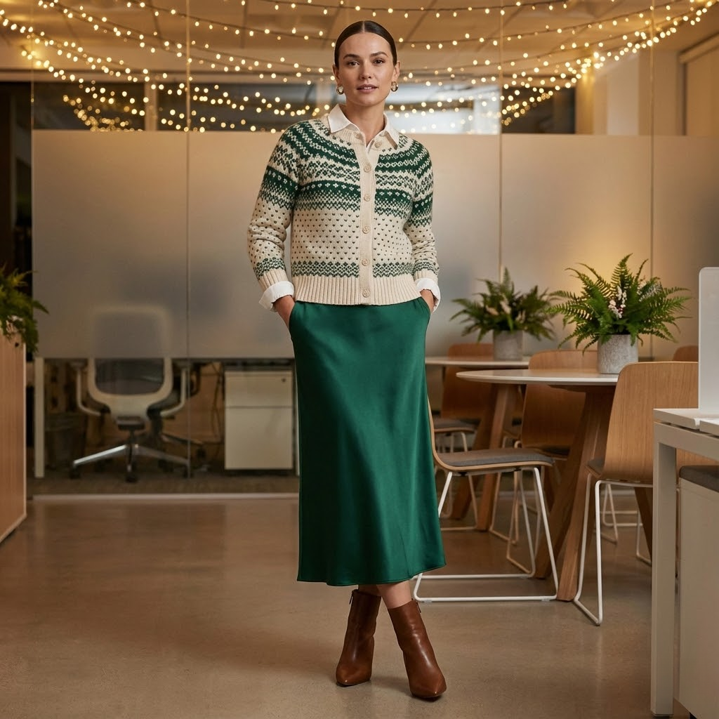 Woman in fair isle cardigan, green skirt, and boots for an office Christmas party.