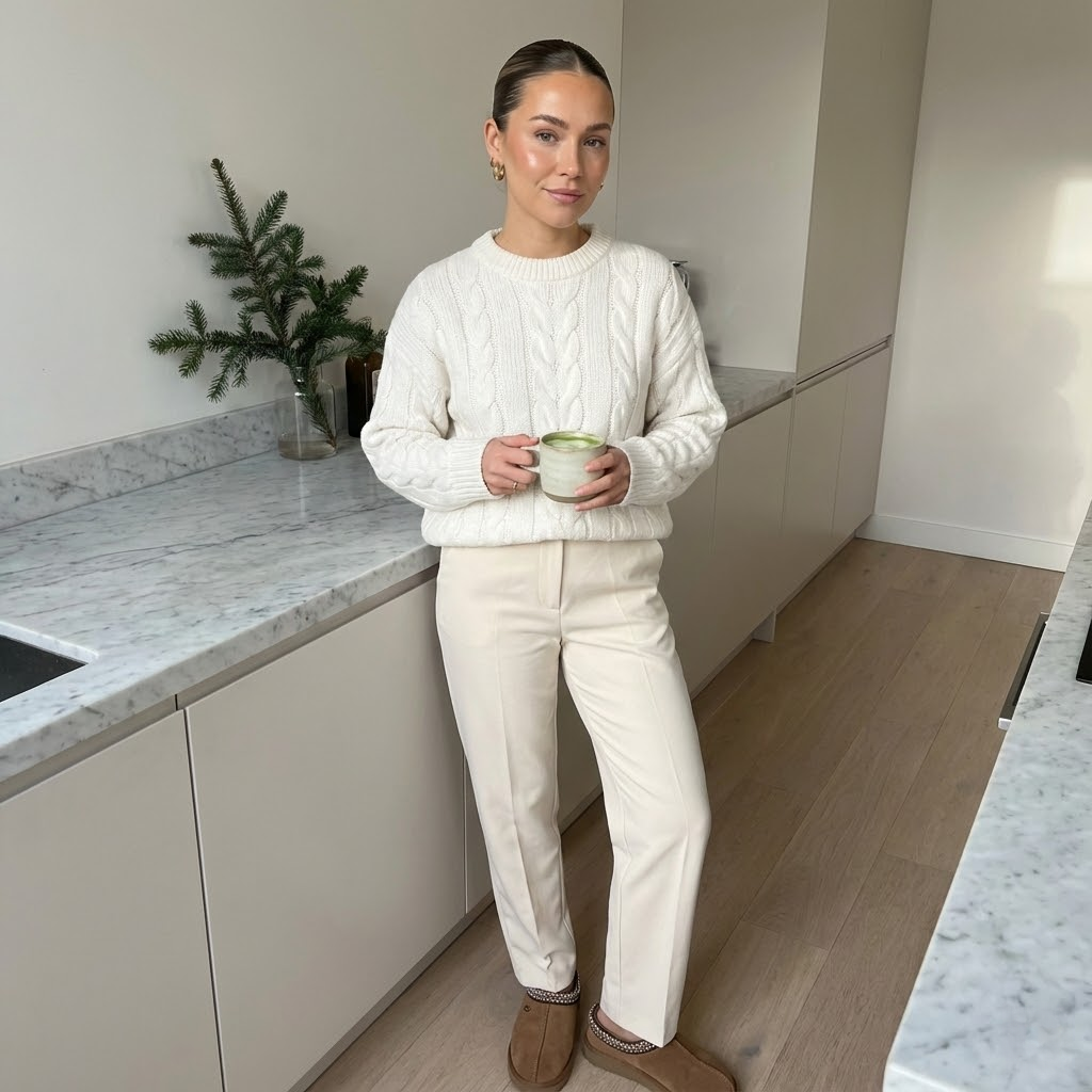 Woman in white cable knit sweater, cream trousers, and brown slippers holding a mug in a modern kitchen.