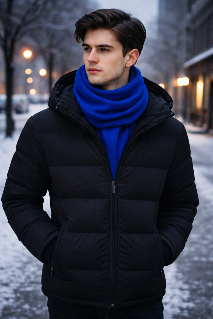 Man in black puffer jacket and cobalt blue scarf.