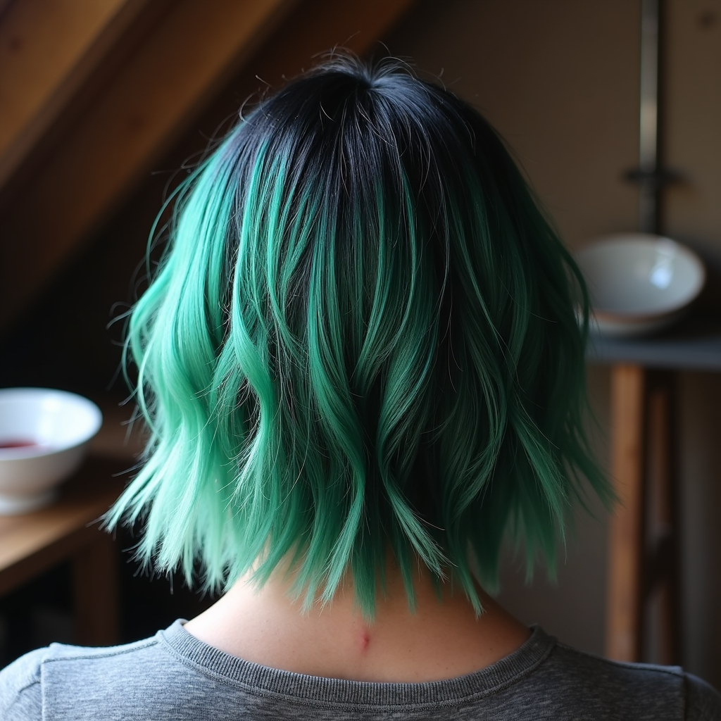 Shoulder-length hair dyed in a vibrant mint green color with dark roots, styled in tousled waves, shown from behind against a warm indoor setting.
