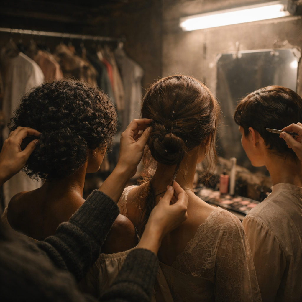 Performers getting hair styled backstage in a messy dressing room.