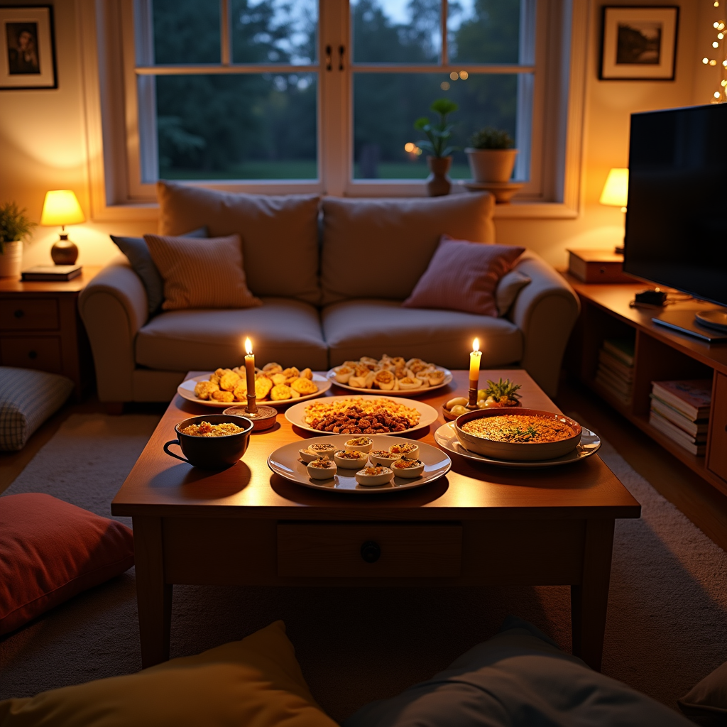 Cozy living room at dusk with various appetizers and dishes spread across a coffee table, lit by candlelight. A comfortable beige couch sits under a window in the warm, dimly lit space.