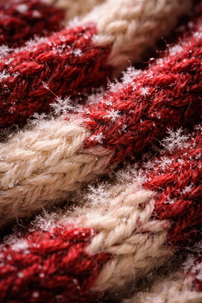 Close-up of red and beige wool scarf with snowflakes