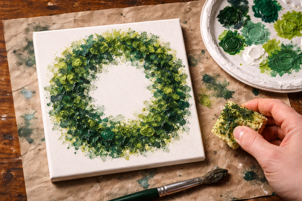 Beginner Christmas wreath painting with sponge texture, greens, and white canvas.