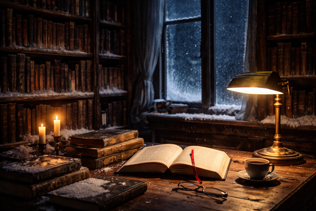 Dark academia winter bookstore with snowy window, antique books, warm lamp, and coffee.
