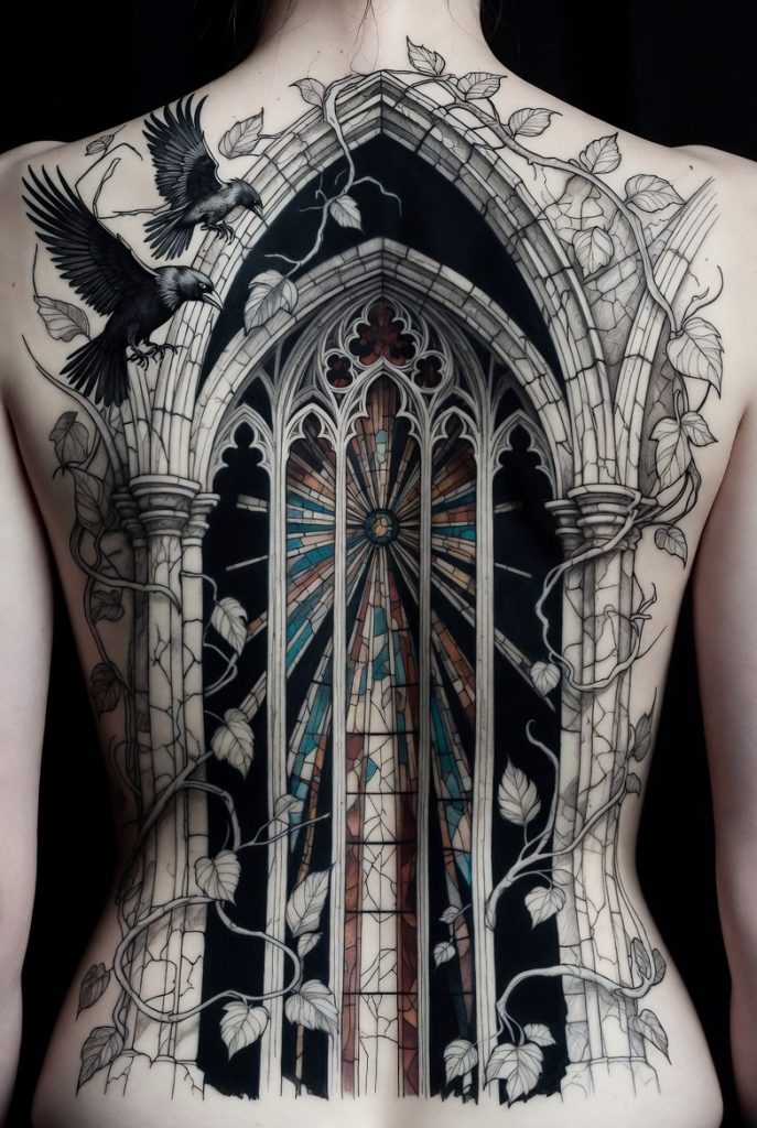 Elaborate gothic cathedral stained glass back tattoo with black crows and intertwined vines.