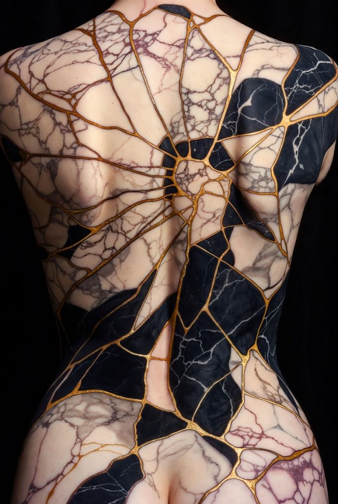 Stunning kintsugi marble back tattoo with dark and light patterns accented with gold.